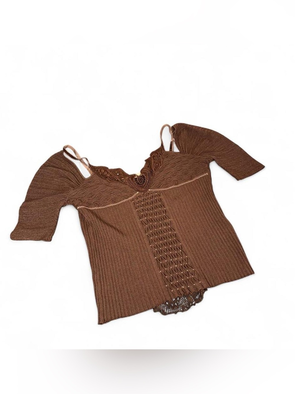 Archival Y2K Roberto Cavalli Brown Lace Knit Top - Picture 2 of 8